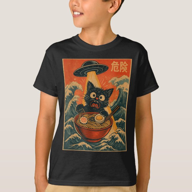 Camiseta Black Cat Ramen Alien Ufo Funny Japanese Kawaii An (Anverso)