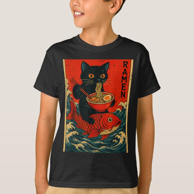 Camiseta Black Cat Ramen Japanese Graphic Tees For Men Wome (Anverso)