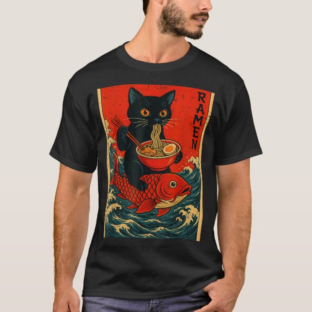 Camiseta Black Cat Ramen Japanese Graphic Tees For Men Wome (Anverso)