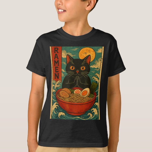 Camiseta Black Cat Ramen Japanese Graphic Tees For Men Wome (Anverso)