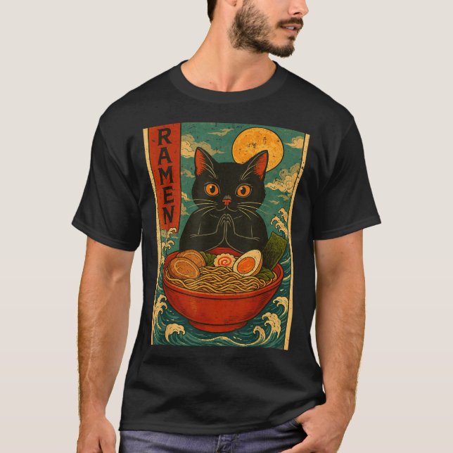 Camiseta Black Cat Ramen Japanese Graphic Tees For Men Wome (Anverso)