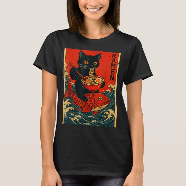 Camiseta Black Cat Ramen Japanese Graphic Tees For Men Wome (Anverso)
