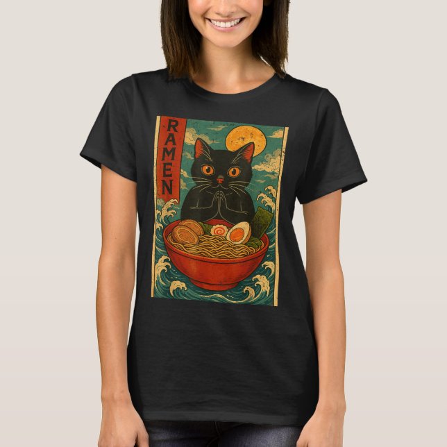 Camiseta Black Cat Ramen Japanese Graphic Tees For Men Wome (Anverso)