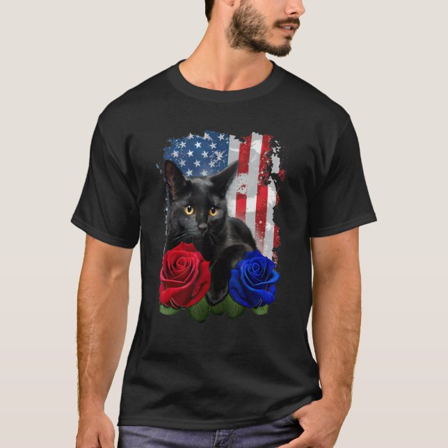 Camiseta Black Cat Rose American Flag Happy 4th Of July (Anverso)