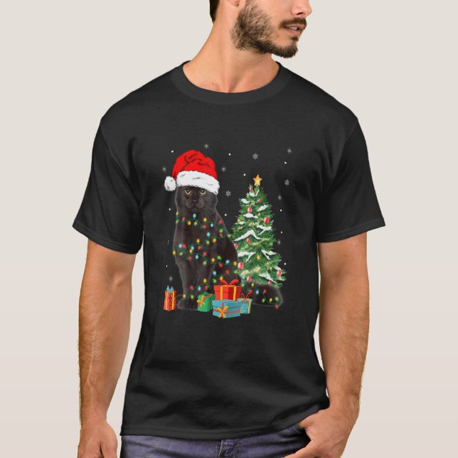 Camiseta Black Cat Santa Angled Up In Christmas Lights Xmas (Anverso)