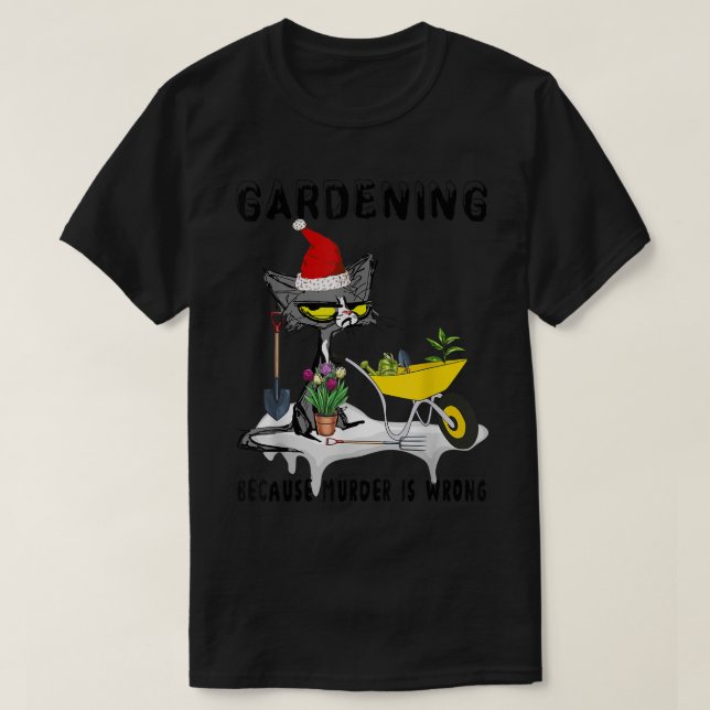 CAMISETA BLACK CAT SANTA GARDENING PORQUE EL ASESINATO ESTÁ (Diseño del anverso)