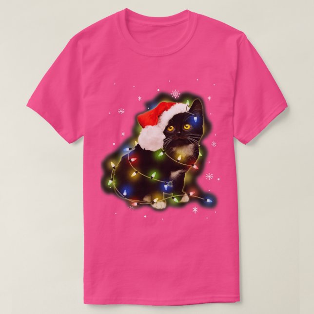 Camiseta Black Cat Santa Hat Led Navidades alumbran Hol fel (Diseño del anverso)
