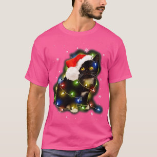 Camiseta Black Cat Santa Hat Led Navidades alumbran Hol fel