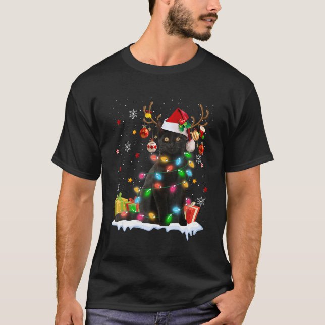 Camiseta Black Cat Santa Hat Reindeer Christmas Lights Cat  (Anverso)