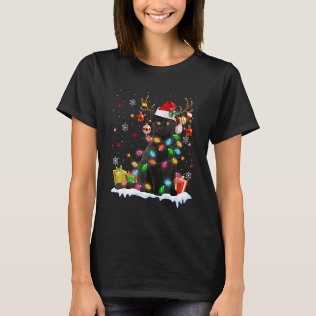 Camiseta Black Cat Santa Hat Reindeer Christmas Lights Cat  (Anverso)