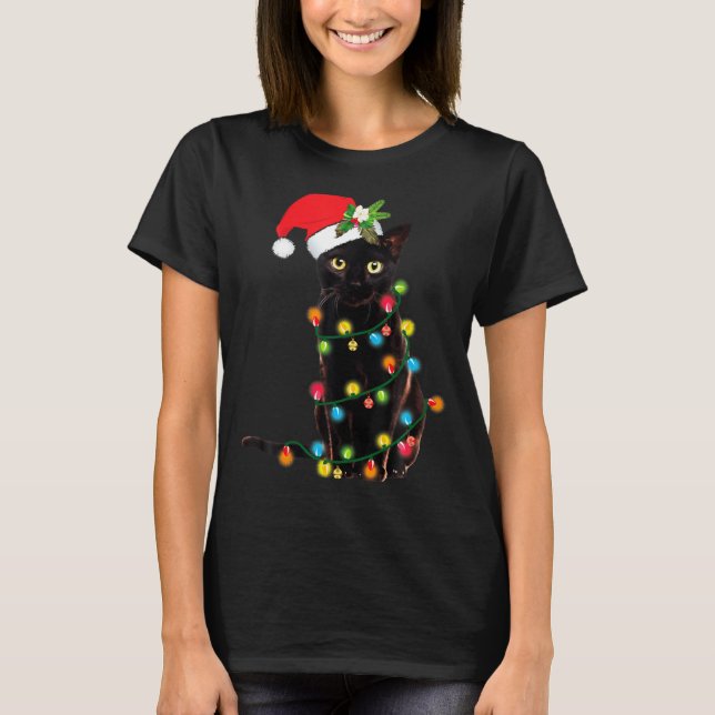 Camiseta Black Cat Santa Tangled Up In Christmas Lights  (Anverso)