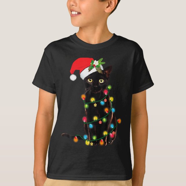 Camiseta Black Cat Santa Tangled Up In Christmas Lights  (Anverso)