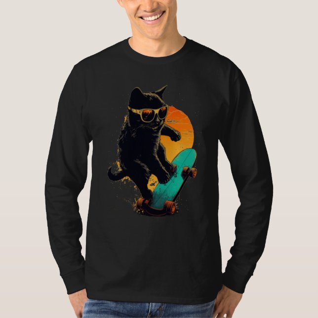 Camiseta Black Cat Skateboarding sunglasses Laughing Beach  (Anverso)