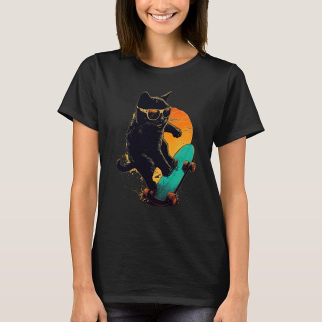 Camiseta Black Cat Skateboarding sunglasses Laughing Beach  (Anverso)