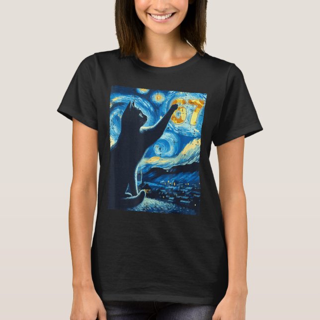 Camiseta Black Cat Starry Night Van Gogh Cat 67 Six Seven M (Anverso)