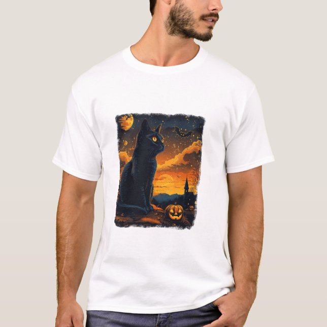 Camiseta Black Cat Starry Night Van Gogh Pumpkins Bats Hall (Anverso)