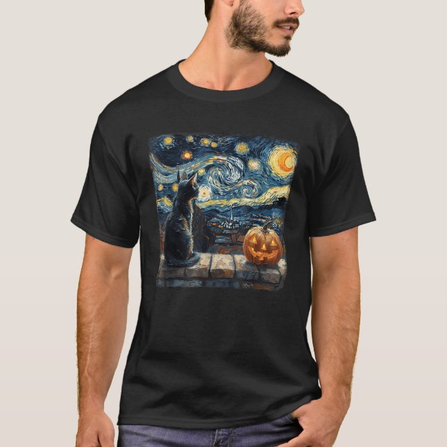 Camiseta Black Cat Starry Night Van Gogh Pumpkins Fun Hallo (Anverso)