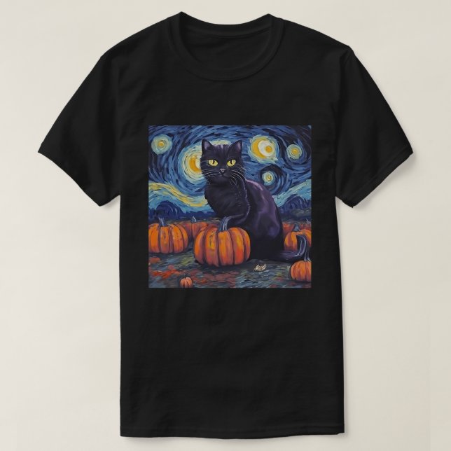 Camiseta Black Cat Starry Night Van Gogh Style Art Pumpkin (Diseño del anverso)