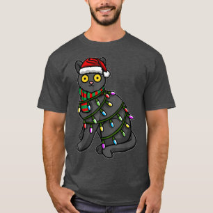 Camiseta Black Cat Wearing Santa Hat With Christmas Light A