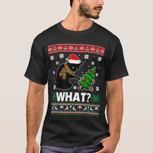 Camiseta Black Cat What Pushing Tree Over Ugly Christmas Sw (Anverso)