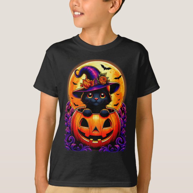 Camiseta Black Cat Witch Hat Pumpkin Funny Halloween Men Wo (Anverso)