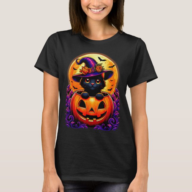 Camiseta Black Cat Witch Hat Pumpkin Funny Halloween Men Wo (Anverso)