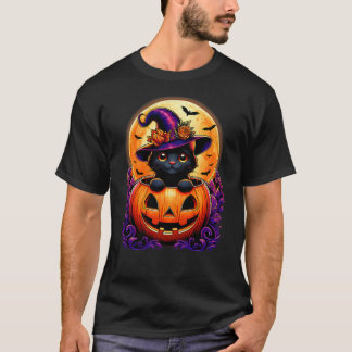 Camiseta Black Cat Witch Hat Pumpkin Funny Halloween Men Wo