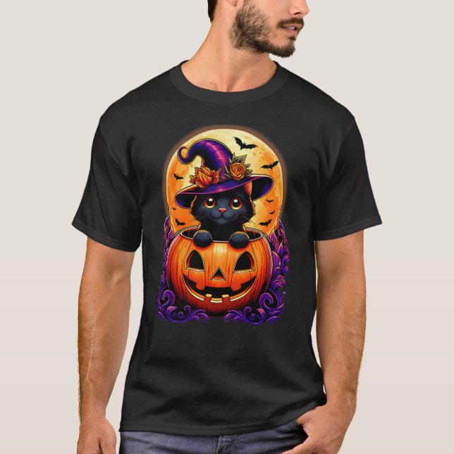 Camiseta Black Cat Witch Hat Pumpkin Funny Halloween Men Wo (Anverso)