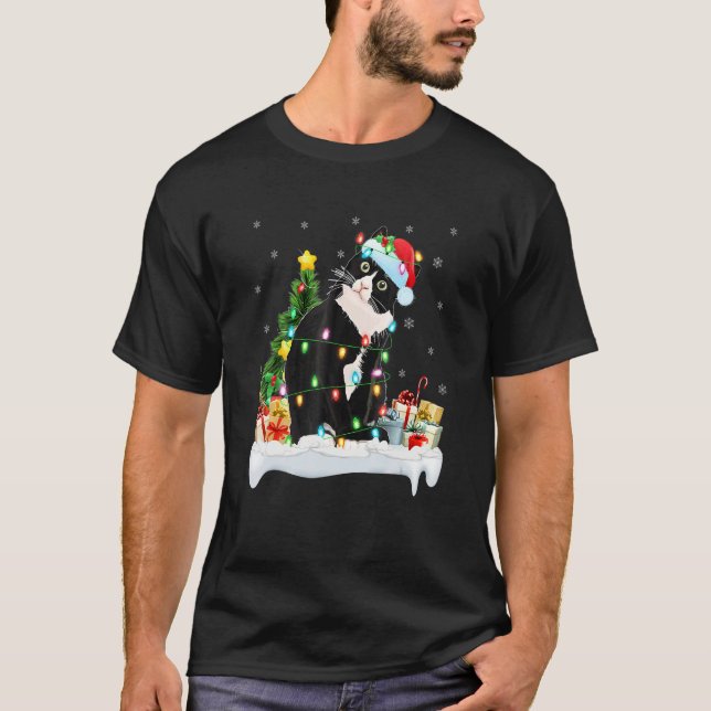 Camiseta Black Cat  Xmas Ree Lights Santa Black Cat Christm (Anverso)