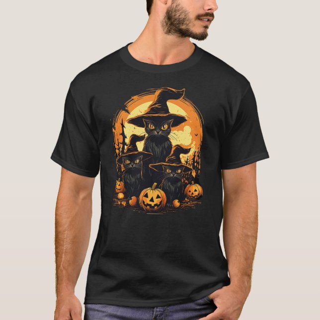Camiseta Black Cats in Ghost Costume Cute Cat Halloween Pum (Anverso)