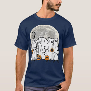 Camiseta Black Cats in Ghost Costume Under Moon Cute Hallow