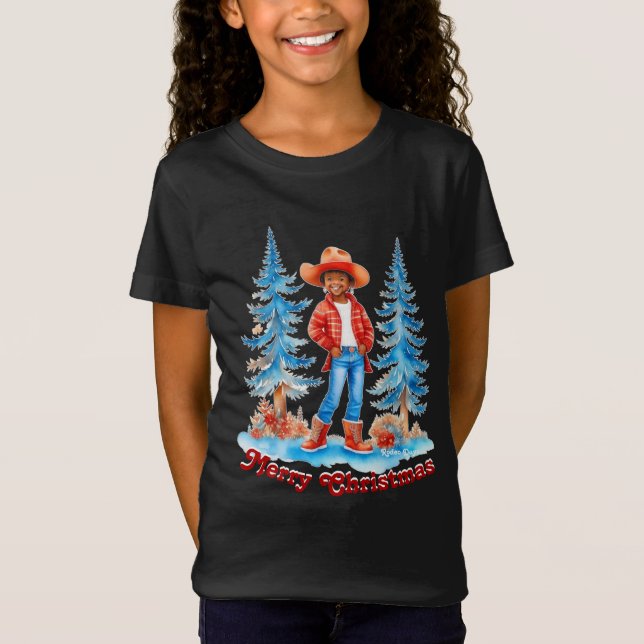 Camiseta Black Cowgirl Winter Scene Feliz Navidad (Anverso)