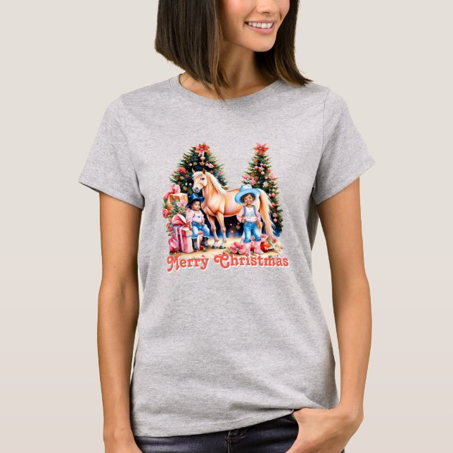 Camiseta Black Cowgirl Winter Scene Horse Merry Christmas (Anverso)