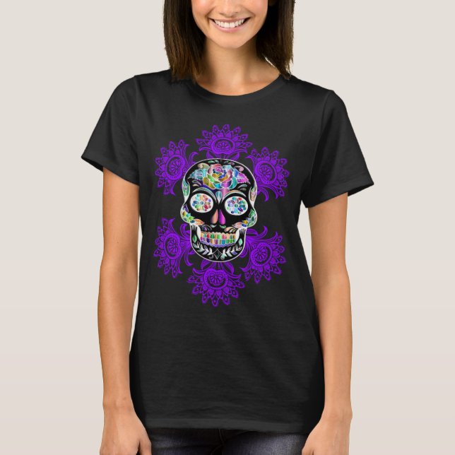Camiseta Black Day Of The Dead Sugar Skull Purple Resumen (Anverso)
