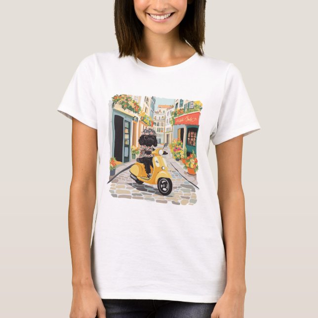 Camiseta Black Doodle Riding Scooter European City Streets (Anverso)