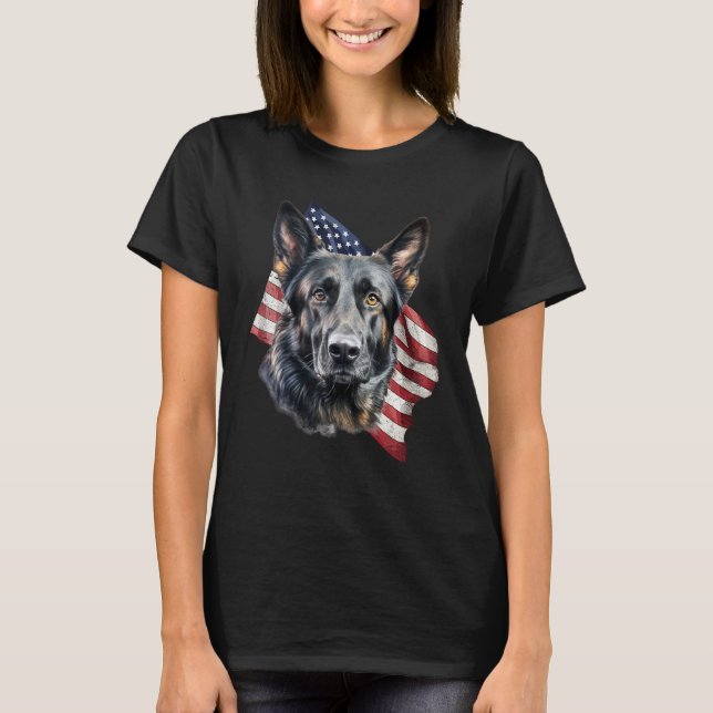 Camiseta Black German Shepherd 4th Of July Dog  American Fl (Anverso)