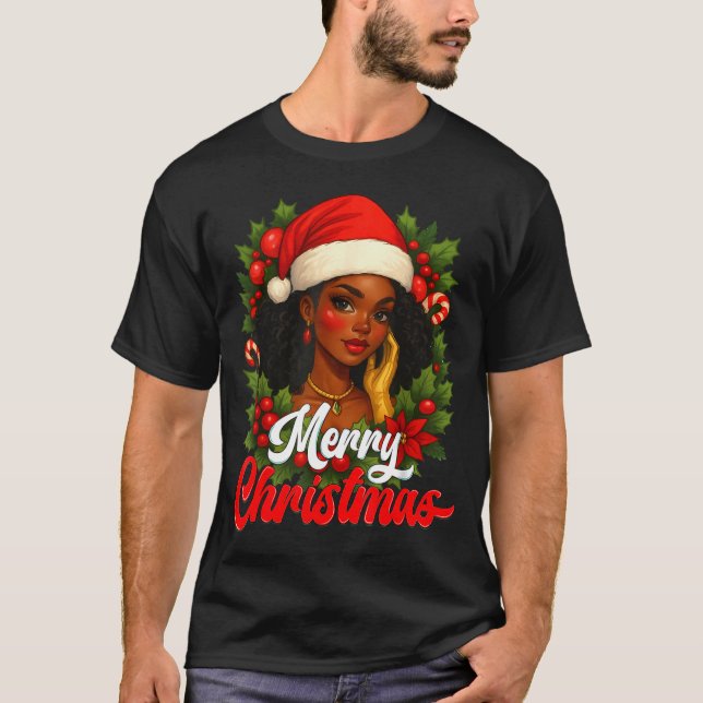 Camiseta Black Girl Santa Hat Merry Christmas Pajama Africa (Anverso)
