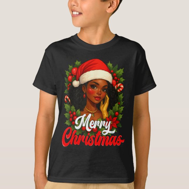 Camiseta Black Girl Santa Hat Merry Christmas Pajama Africa (Anverso)
