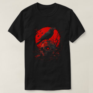 Camiseta Black Gothic Raven Skull Red Moon Crow