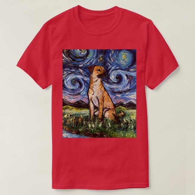 Camiseta Black Mouth Cur Starry Night Dog Animal Art de Aja (Diseño del anverso)