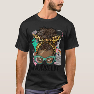 Camiseta Black Nurs Life Afro Hair Messy Bun Leopard CNA N