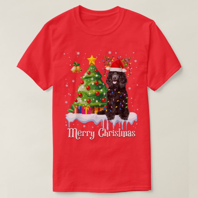 Camiseta Black Poodle Santa Christmas Tree enciende a Perro (Diseño del anverso)