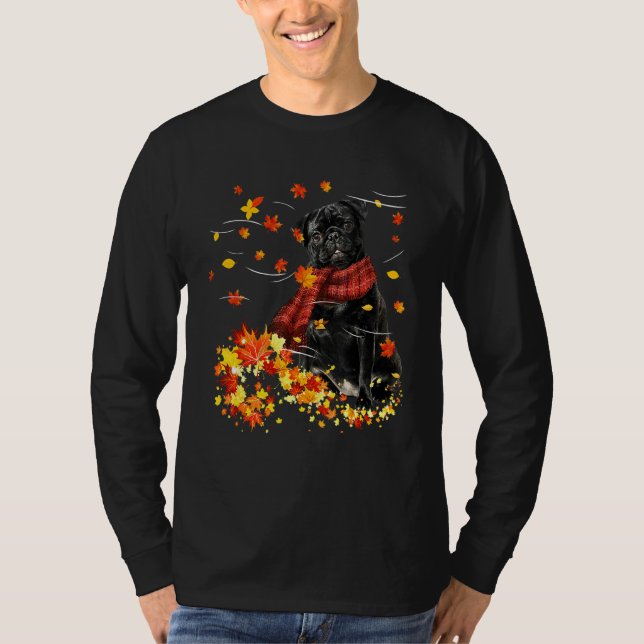 Camiseta Black Pug Fall Red Scarf Autumn Leaf  For Dog (Anverso)