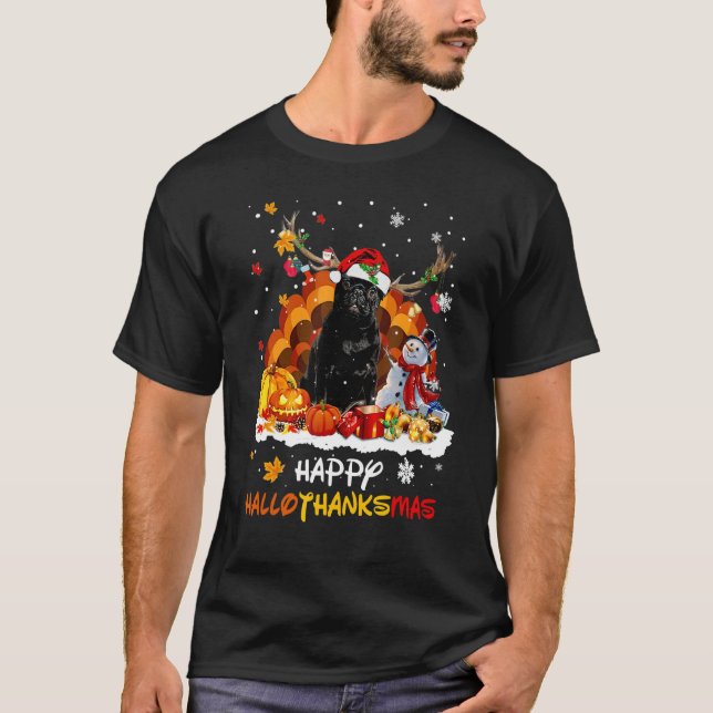 Camiseta Black Pug Happy Hallothanksmas (Anverso)