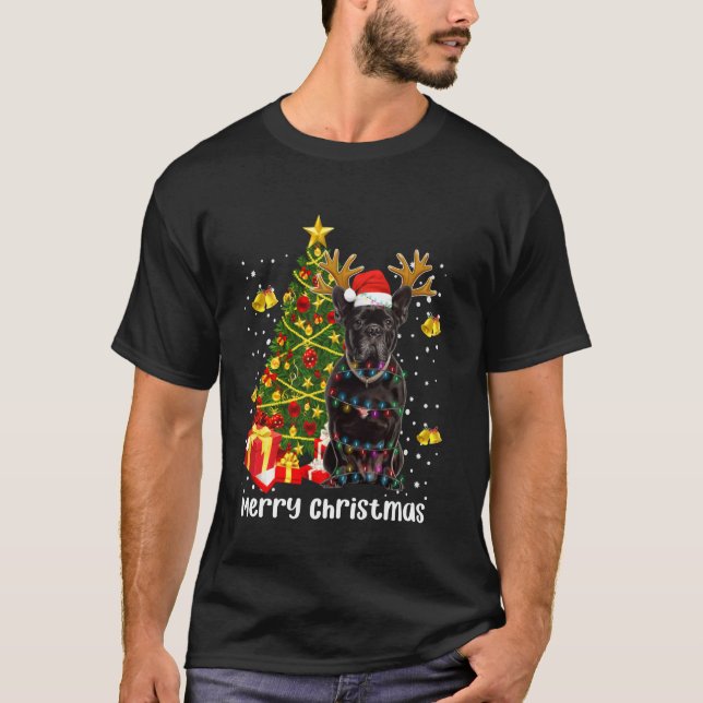 Camiseta Black Pug Santa Christmas Tree ilumina reno de Nav (Anverso)