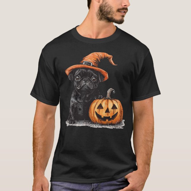 Camiseta Black Pug with Witch Hat and Pumpkin Halloween Pug (Anverso)