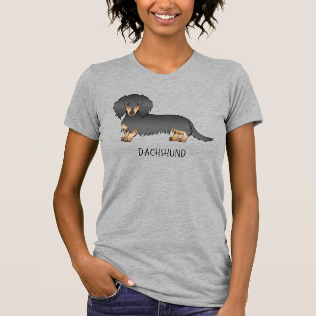Camiseta Black & Tan Long Hair Dachshund Cartog Perro y tex (Anverso)