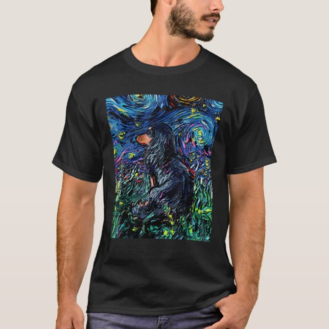 Camiseta Black Tan Long Hair Dachshund Starry Night Dog Art (Anverso)