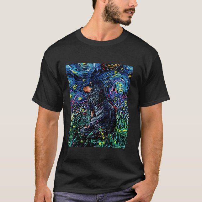 Camiseta Black Tan Long Hair Dachshund Starry Night Dog Art (Anverso)