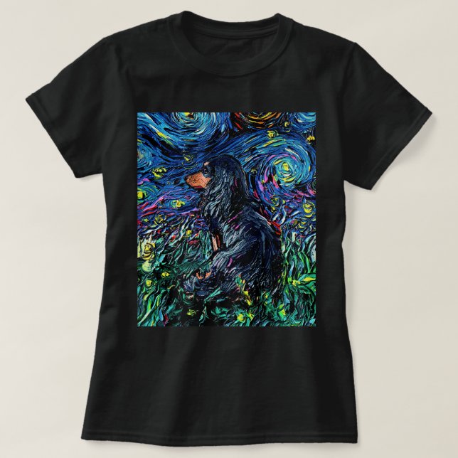Camiseta Black Tan Long Hair Dachshund Starry Night Dog Art (Diseño del anverso)